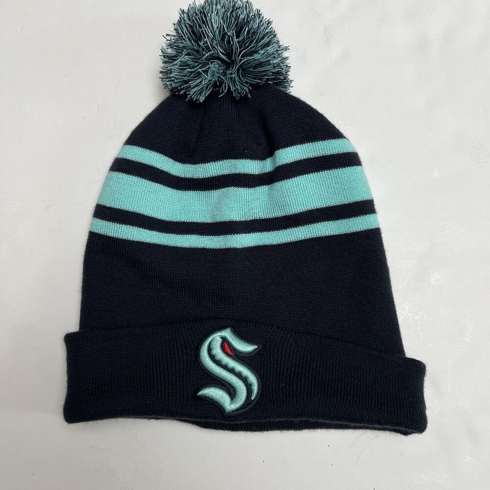 New Seattle Kraken Beanie Hat Fanatics Pro Reverse Retro Season Hockey Pom NHL